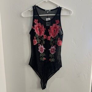 Charlotte Russe Black Bodysuit with Pink Floral Embroidery